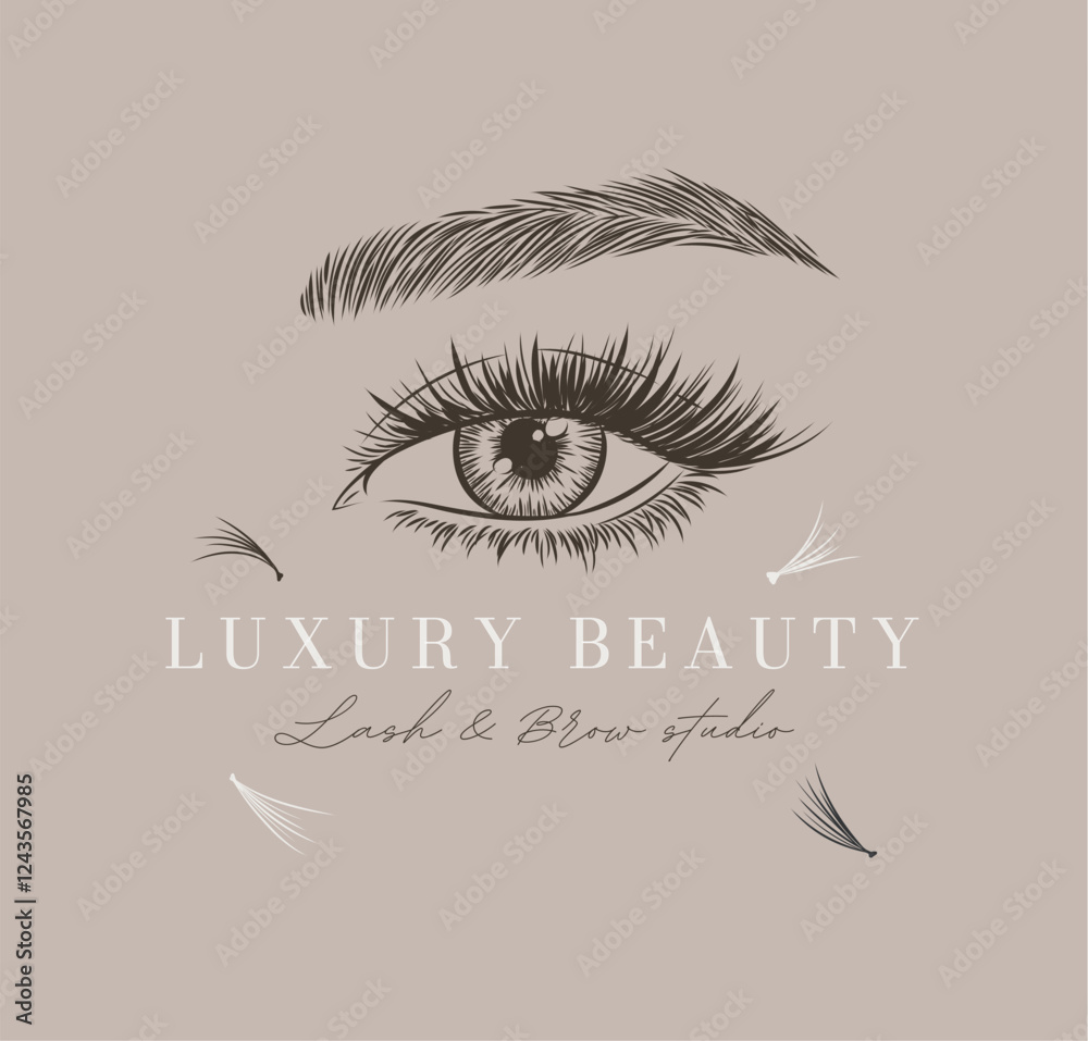 Eye and brow studio label design with lettering drawing in art line style on beige background