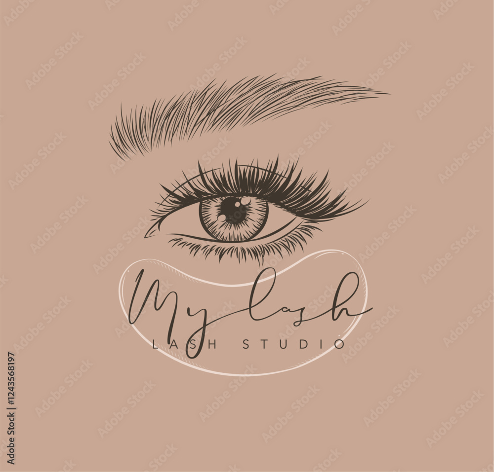 Lash studio label design with lettering drawing in art line style on beige background