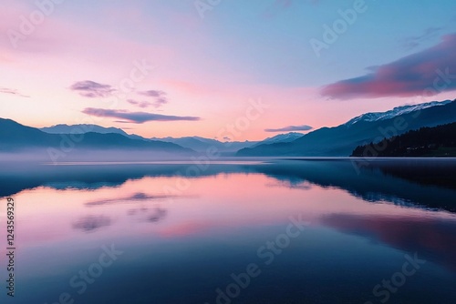 Stunning sunrise casts vibrant hues across tranquil lake reflecting majestic mountains and calm sky. Generative AI