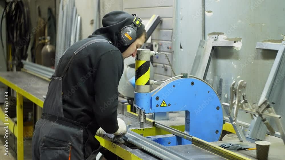 Engineer in Industrial Factory Securing Metal Profile on Machine for Precise Fabrication, Assembly, and Manufacturing Process in a High-Tech Workshop. High quality 4k footage Engineer in Industrial Factory Securing Metal Profile on Machine for Precise Fabrication, Assembly, and Manufacturing Process in a High-Tech Workshop. High quality 4k footage