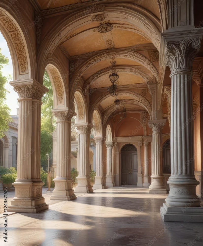 Vibrant painting of an arched arcade with classical columns and ornamental details, classical, vibrant, arcade, ornamental, painting Vibrant painting of an arched arcade with classical columns and ornamental details, classical, vibrant, arcade, ornamental, painting