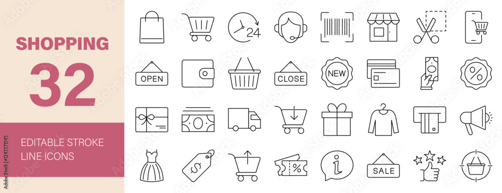 Shopping line Editable Icons set. Vector illustration for web and mobile app. E-commerce related icons: costumer, store, product, purchase, online shopping, delivery, promotion, and more.