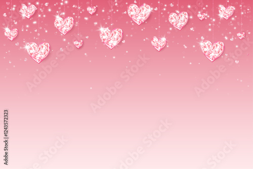 Romantic pink background with glitter hearts decoration. Valentines day shining frame, border. Wedding string ornaments. Mothers day garland. Vector.