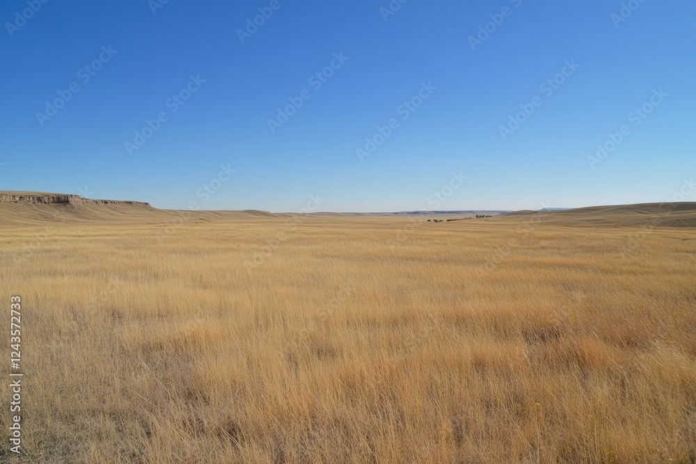 Vast Golden Grasslands Under Clear Blue Sky in Rural Landscape Vast Golden Grasslands Under Clear Blue Sky in Rural Landscape