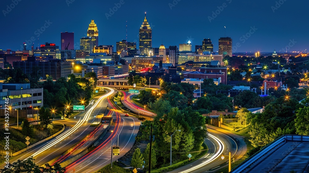 Fototapeta premium Vibrant night highway with light trails stretching towards the illuminated city skyline. The mesmerizing view of a busy thoroughfare at night, where the streaks of light from vehicles create a beautif