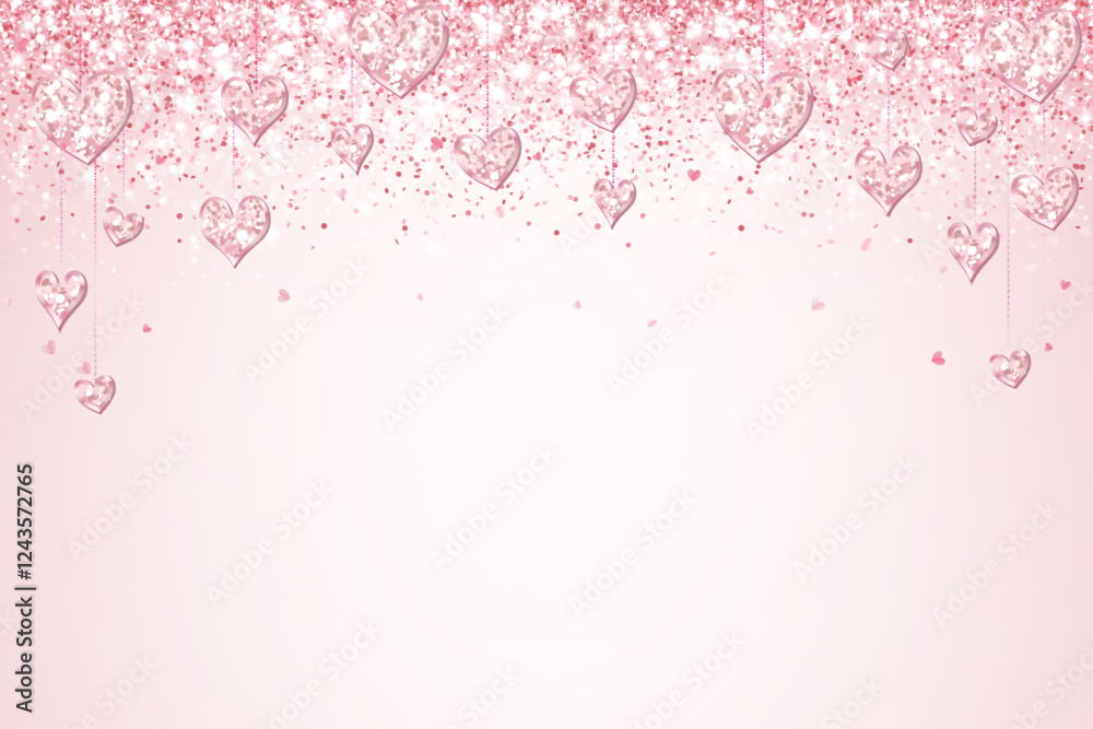 Romantic pink glitter background with hearts decoration. Valentines day frame, border. Wedding string ornaments. Mothers day garland. Vector. Romantic pink glitter background with hearts decoration. Valentines day frame, border. Wedding string ornaments. Mothers day garland. Vector.