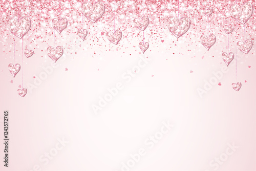 Romantic pink glitter background with hearts decoration. Valentines day frame, border. Wedding string ornaments. Mothers day garland. Vector.