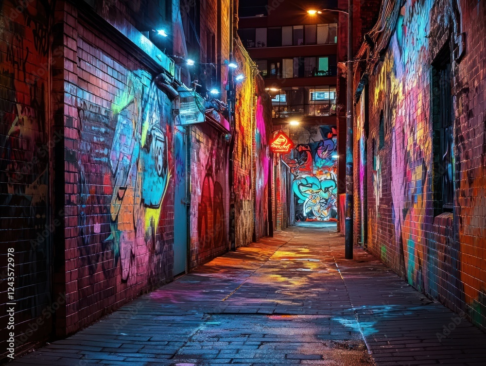 Fototapeta premium Colorful graffiti alley at night, urban scene, background city lights, ideal for urban backgrounds
