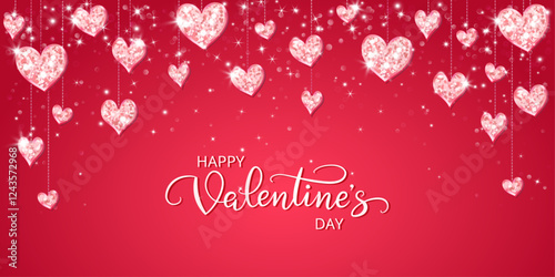 Happy Valentine day banner. Pink glitter hearts decoration on red. Hand written calligraphy. Sparkling glittering garland, frame. Romantic shiny background. Vector.