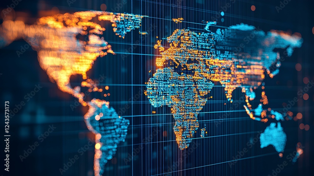 Digital world map overlaid with fake headlines spreading globally