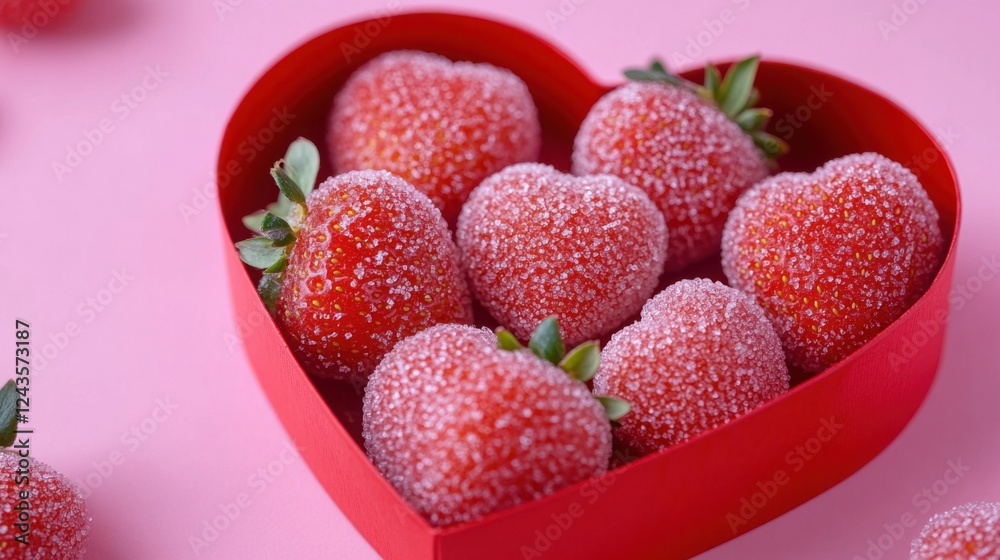 A Delightful Array of Heart-Shaped Peach Gummies, Sprinkled with a Delicate Sugar Coating, Nestled in a Vibrant Red Heart-Shaped Box, Accompanied by Fresh Strawberries, Alluringly Placed on a Soft Pin A Delightful Array of Heart-Shaped Peach Gummies, Sprinkled with a Delicate Sugar Coating, Nestled in a Vibrant Red Heart-Shaped Box, Accompanied by Fresh Strawberries, Alluringly Placed on a Soft Pin