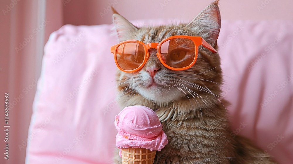 Naklejka premium A fluffy cat wearing orange sunglasses holds an ice cream cone with pink ice cream, set against a pastel pink background