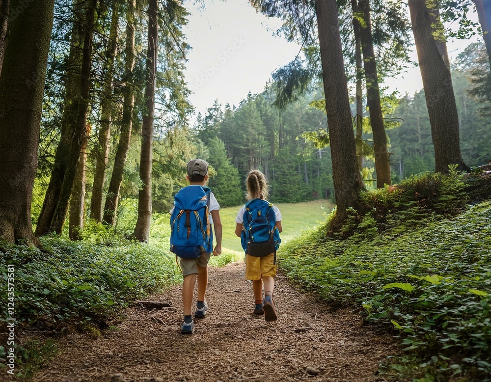 Fototapeta premium Generated image Kids taking a nature hike through a lush forest, exploring the beauty of the outdoors