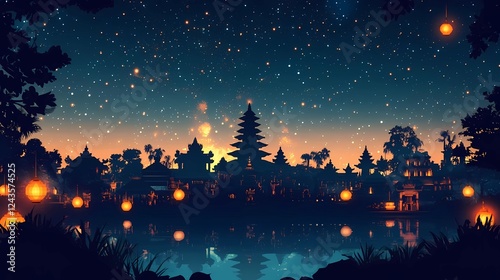 A serene flat illustration background for Nyepi Day, featuring a peaceful Balinese temple (Pura) silhouette under a starry night sky, with glowing lanterns and traditional Balinese motifs photo