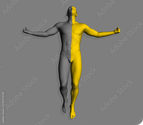 The concept of leadership, freedom or development. Spiritual reincarnation. Levitation. The state of enlightenment. Human body. 3D vector composed of particles and divided by colour into two parts.