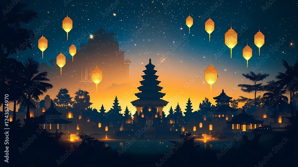 Naklejka premium A serene flat illustration background for Nyepi Day, featuring a peaceful Balinese temple (Pura) silhouette under a starry night sky, with glowing lanterns and traditional Balinese motifs