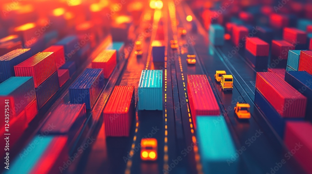 Abstract digital illustration of a highway filled with shipping containers, cars and trucks. Warm color palette with red, orange, and blue hues Abstract digital illustration of a highway filled with shipping containers, cars and trucks. Warm color palette with red, orange, and blue hues