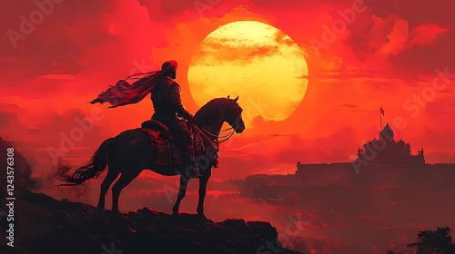 A detailed illustration background for Shivaji Jayanti, featuring a majestic portrait of Chhatrapati Shivaji Maharaj on horseback, overlooking a grand Maratha fort at sunrise photo