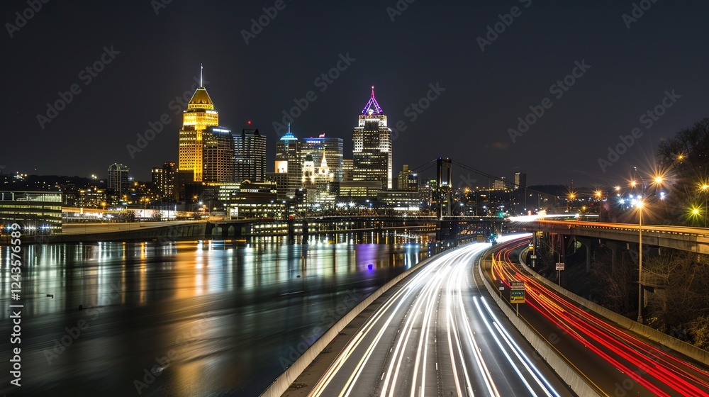 Obraz premium Vibrant night highway with light trails stretching towards the illuminated city skyline. The mesmerizing view of a busy thoroughfare at night, where the streaks of light from vehicles create a beautif