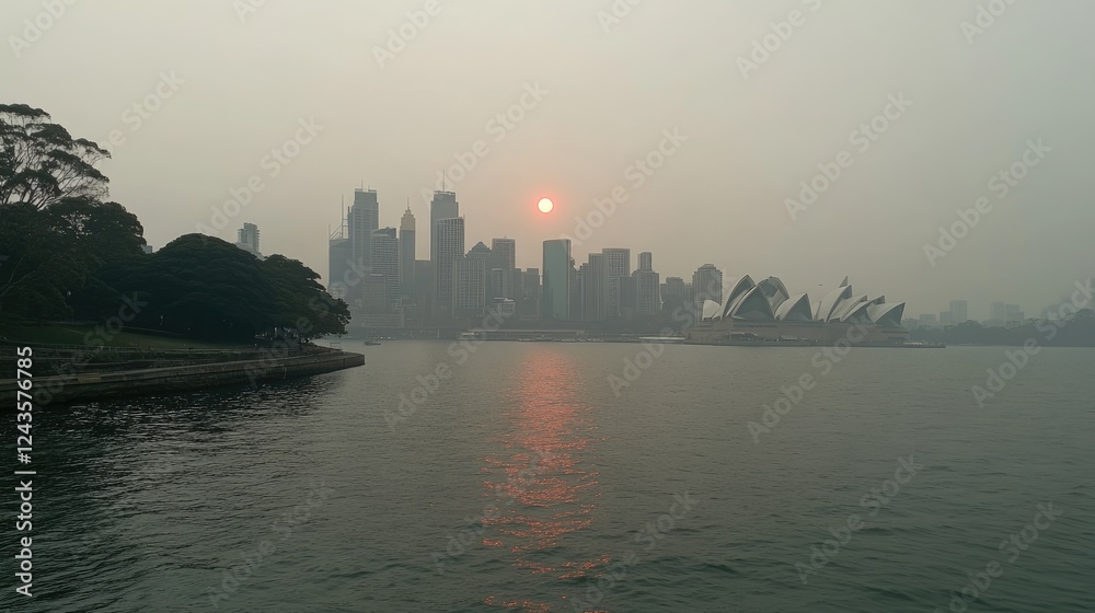 Fototapeta premium A city skyline at sunrise, the sun barely visible through the thick haze.