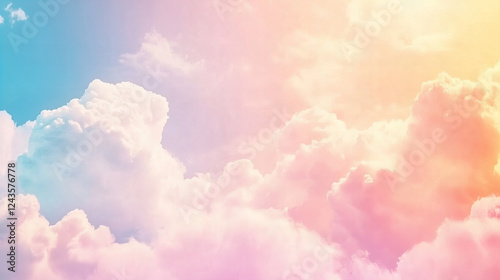 Pastel Gradient Sky with Fluffy Clouds and Sunlight Rays for Dreamy Backgrounds and Inspirational Projects