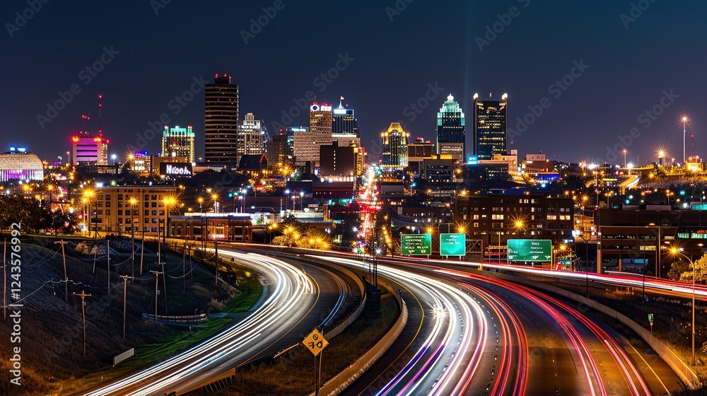 Vibrant night highway with light trails stretching towards the illuminated city skyline. The mesmerizing view of a busy thoroughfare at night, where the streaks of light from vehicles create a beautif Vibrant night highway with light trails stretching towards the illuminated city skyline. The mesmerizing view of a busy thoroughfare at night, where the streaks of light from vehicles create a beautif