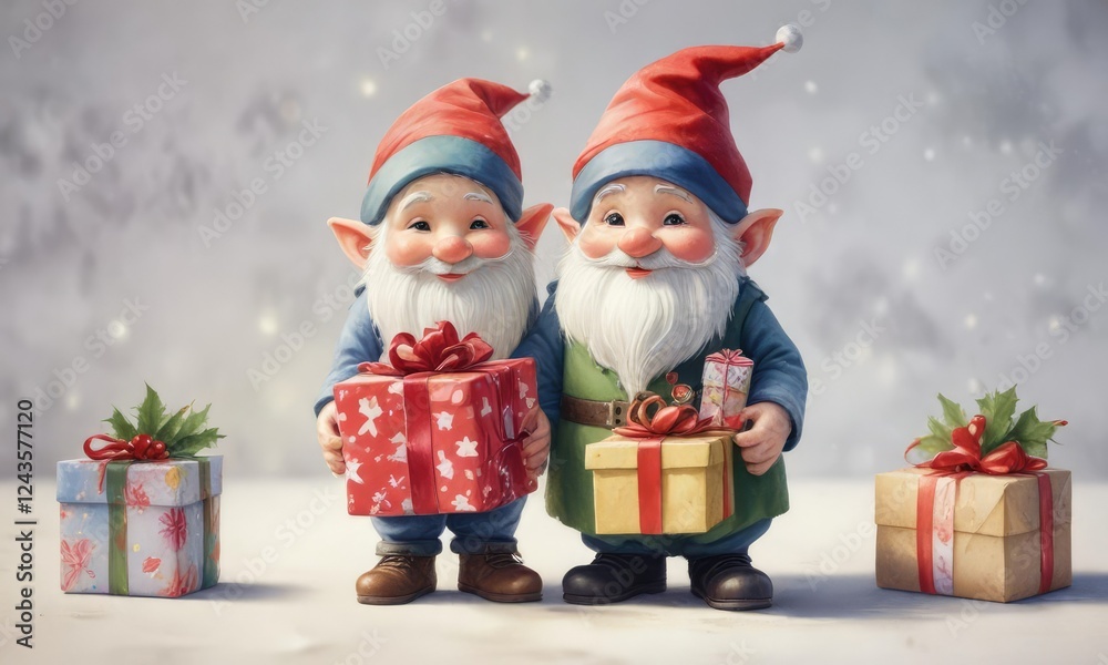 Watercolor painting of cute little gnome holding tiny Christmas presents, imagination, magical creature, green, white, dwarf Watercolor painting of cute little gnome holding tiny Christmas presents, imagination, magical creature, green, white, dwarf