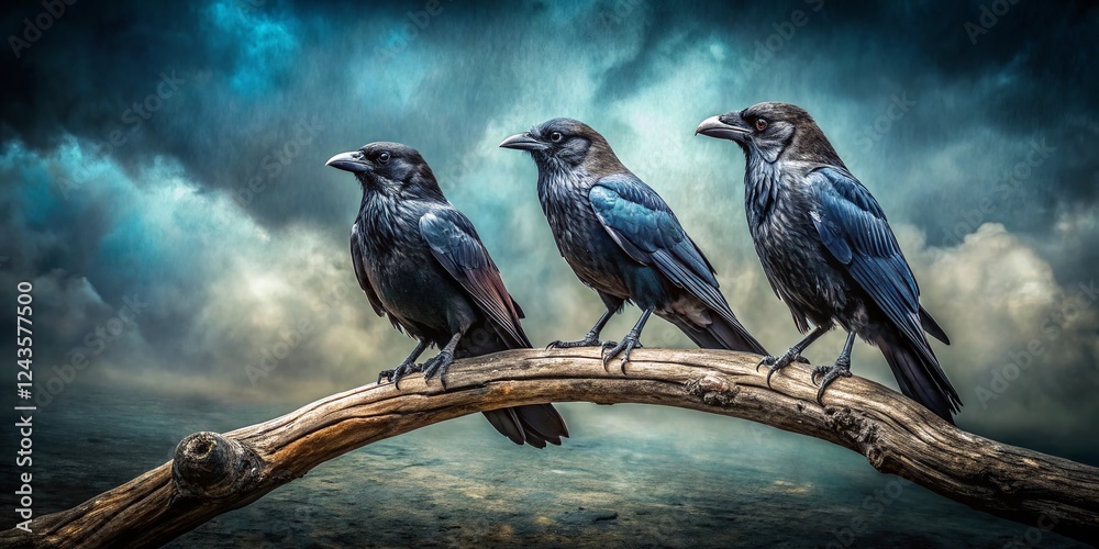 Fototapeta premium Monochrome Fashion Photography: Three Crows on Branch