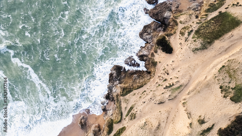 Aerial drone view of Sauzaie beach, Bretignolles sur mer, Vendee, France