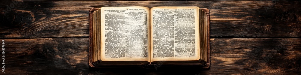 Antique book with musical notation open on a dark brown wooden surface. Overhead shot Antique book with musical notation open on a dark brown wooden surface. Overhead shot