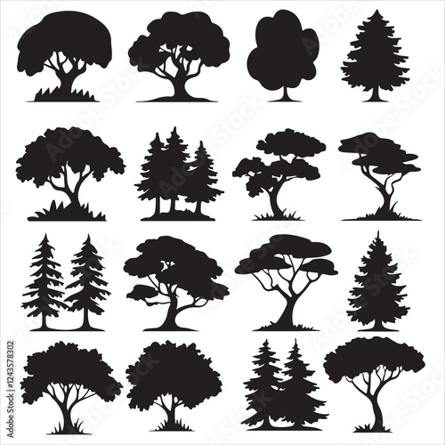 set of black vector various forest tree silhouette	
