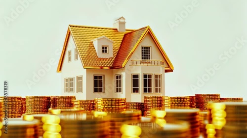 Golden house surrounded by growing stacks of coins reflecting investment success