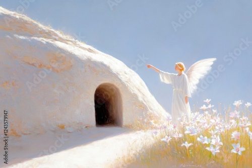 Angelic figure gestures towards an empty tomb signifying resurrection and hope on a bright easter morning photo