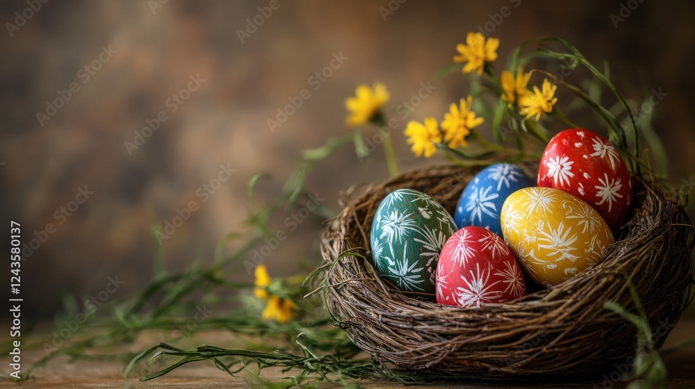 Easter Eggs in Nest with Flowers for Spring Celebrations Easter Eggs in Nest with Flowers for Spring Celebrations