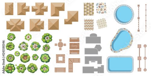 Top View elements for master plans. Trees, furniture, houses, pools, bushes, and tiles. For the architectural plan. Vector illustration.