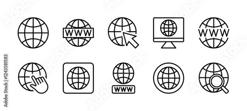 Web, website, cyberspace, internet thin line icon set. Globe, earth, world, global icon symbol. Containing click arrow, searching, browser, button, site, page, blog, homepage, network vector