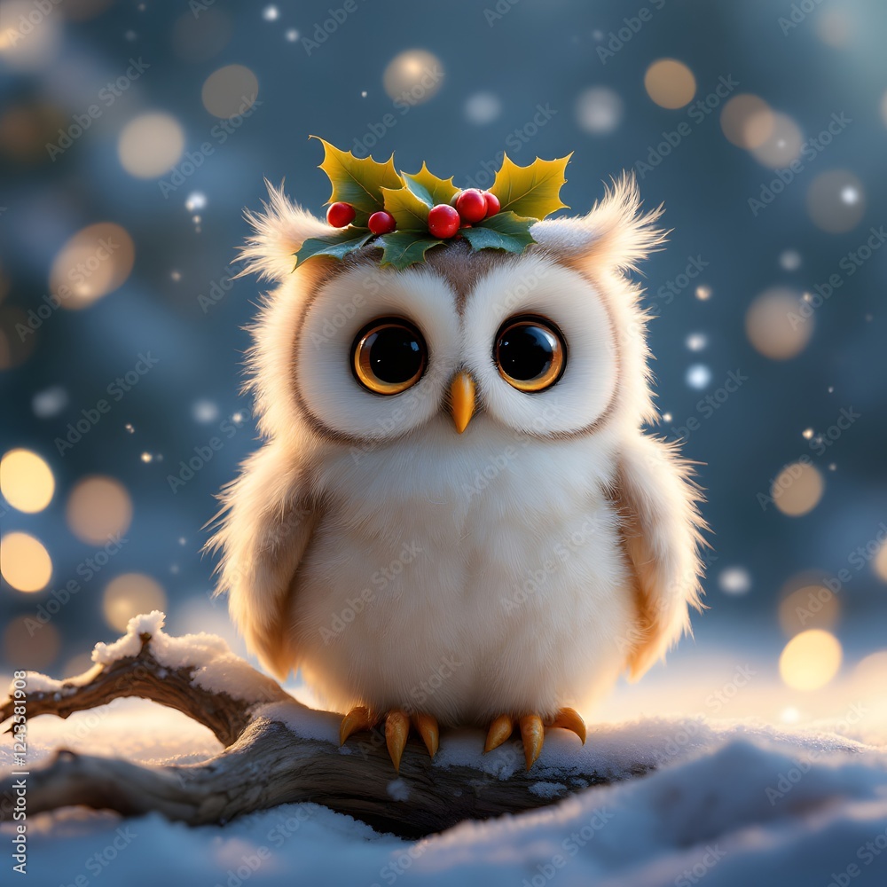 Adorable Owl Wearing a Festive Wreath in a Snowy Christmas Scene Adorable Owl Wearing a Festive Wreath in a Snowy Christmas Scene