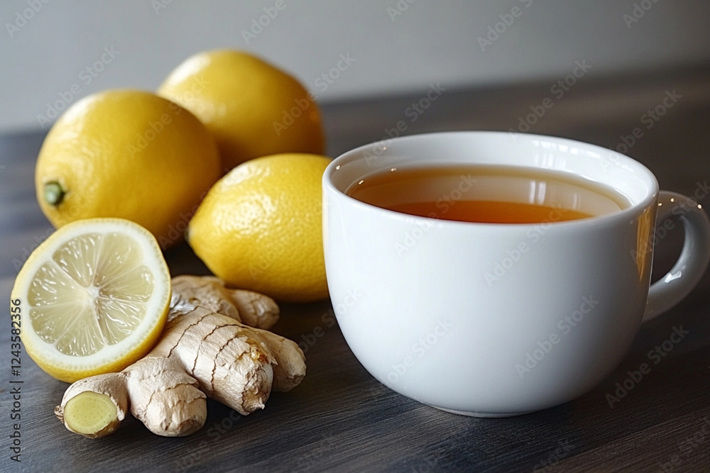 A cup of ginger tea with honey and lemon