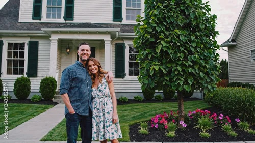 Joyful couple outside their newly purchased home