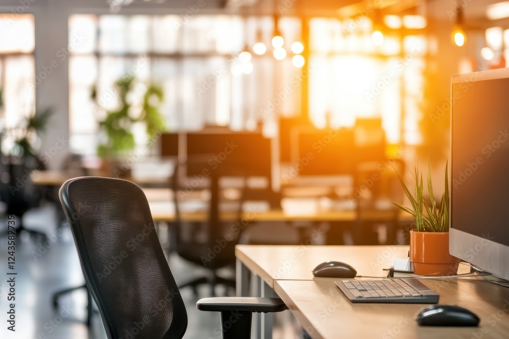 Modern Office Workspace with Ergonomic Chair and Computer Setup during Sunset Lighting Modern Office Workspace with Ergonomic Chair and Computer Setup during Sunset Lighting