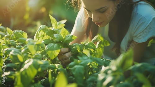 A woman harvesting fresh basil leaves from a home-grown herb garden