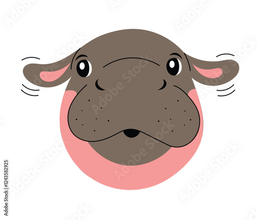 Cute baby hippo face. Wild African hippopotamus. Hand drawn in flat design isolated vector illustration