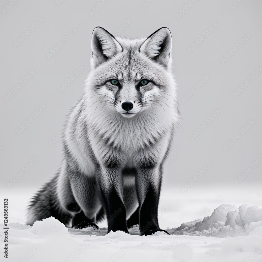 Fototapeta premium Arctic fox black and white on plain white background