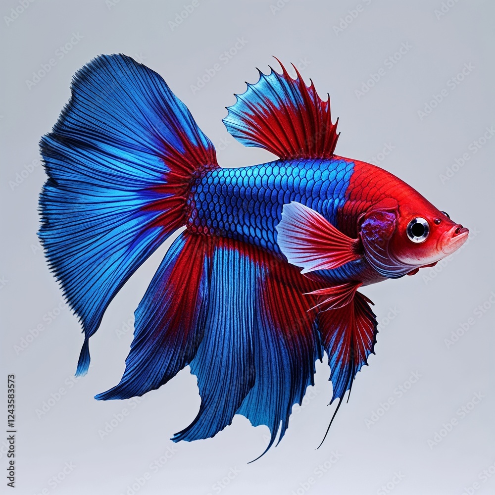 Fototapeta premium Betta fish blue and red on plain white background