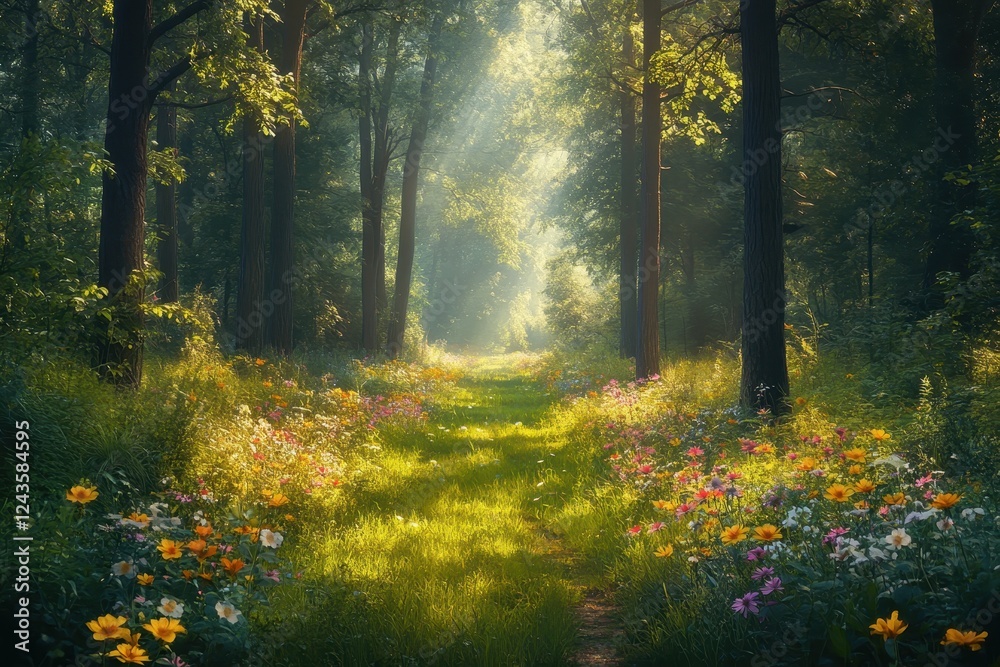 Obraz premium Sunlit Forest Pathway with Vibrant Wildflowers and Lush Greenery Creating a Serene and Peaceful Natural Landscape