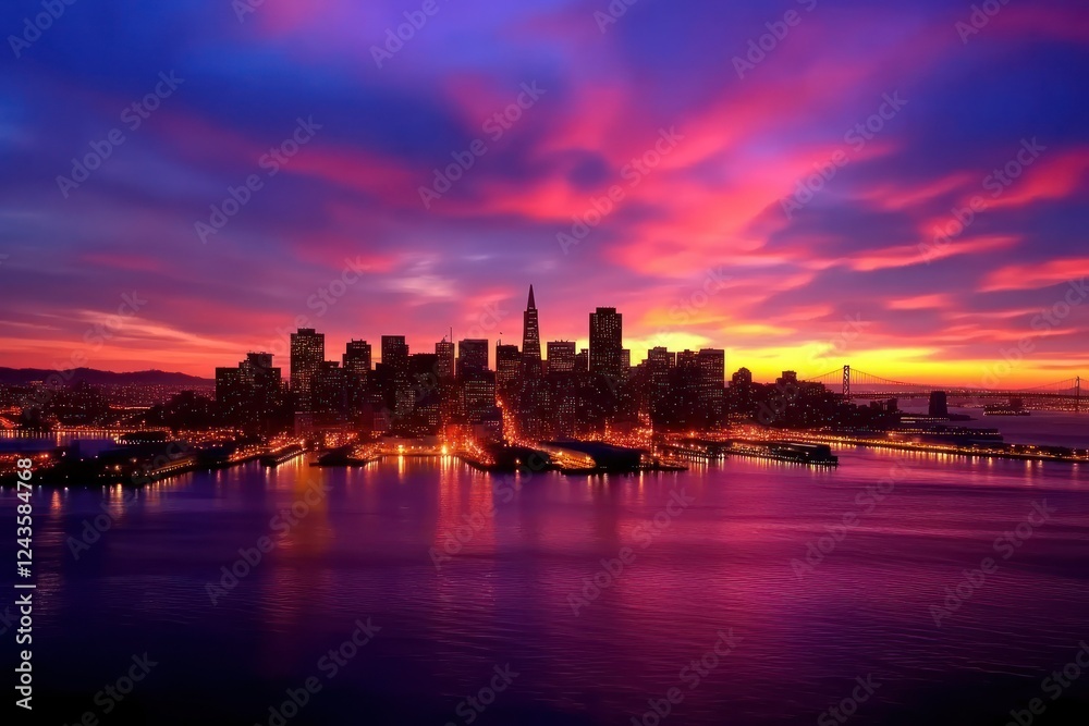 Fototapeta premium Stunning Sunset Over San Francisco City Skyline with Vibrant Colors and Reflective Water Surface