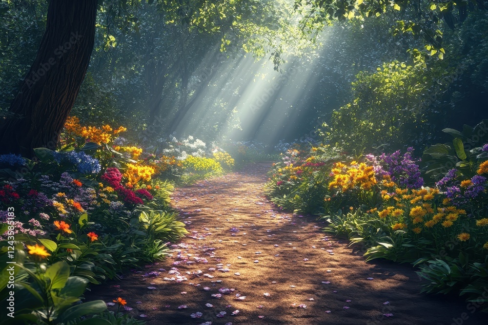 Obraz premium Sunlit Forest Pathway with Vibrant Wildflowers and Lush Greenery Creating a Serene and Enchanting Natural Landscape