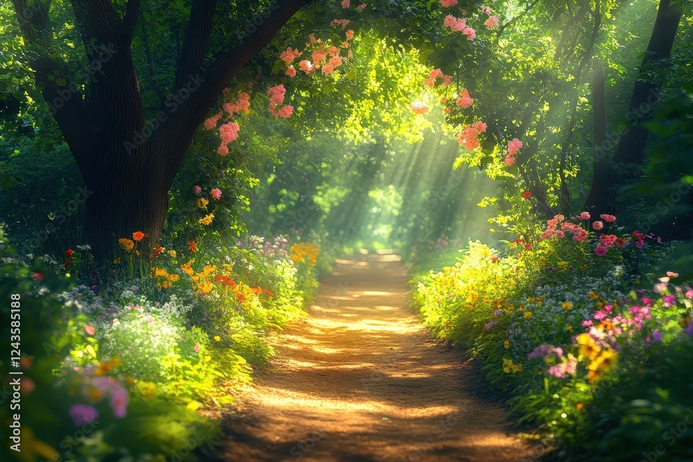 Fototapeta premium Enchanting Forest Pathway Illuminated by Sunlight with Vibrant Flowers and Lush Greenery Creating a Serene and Magical Atmosphere