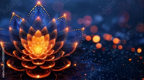 video animation golden shining lotus on a dark blue background. Festive background in Oriental Indian style. Religion, Kundalini, meditation, Diwali celebration, Gudi Pavda, Ugadi. Holiday banner,