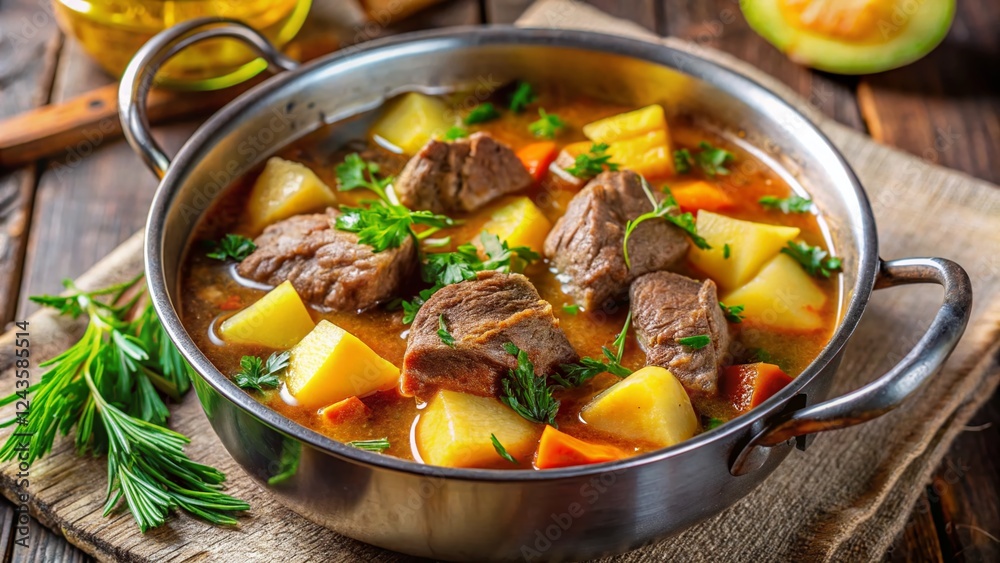 Overhead Shot: Hearty Beef and Potato Soup, Russian Style, Long Exposure Overhead Shot: Hearty Beef and Potato Soup, Russian Style, Long Exposure